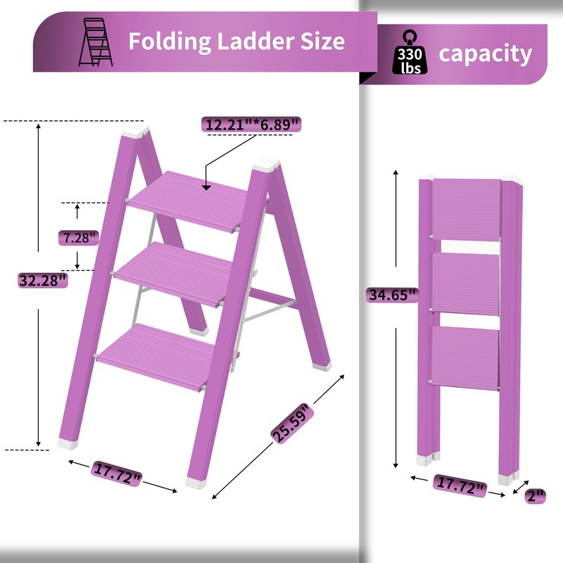 3 Step Lightweight Folding Ladder for Home, 330lbs Aluminum Step