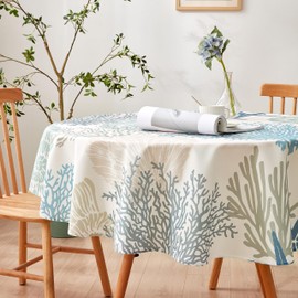 Nautical Coastal Round Tablecloth 60 Inch - Beach Ocean Print Table Cloth Waterproof Stain Resistant Wrinkle-Free Table Cover for Kitchen Dining Room Indoor and Outdoor Picnic Party 60in