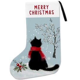 Black Cat Christmas Stockings, Cat Christmas Decor, Cats Blue Xmas Stockings, Black Cats Hanging Decorations Stocking for Kids Fireplace Holiday, 18 Inches