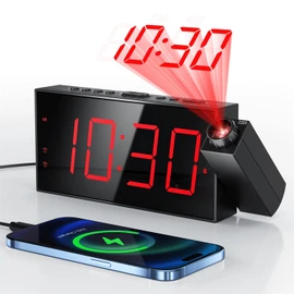 Projection Alarm Clock with 350°Rotatable Projector on Bedroom Ceiling, Digital Clock with 7" LED Display, Adjustable Dimmer & Volume, Dual Alarms, Snooze, 12/24H/DST