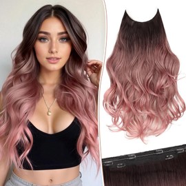 KooKaStyle Invisible Wire Hair Extensions Long Wavy Layered Synthetic Hairpieces with Transparent Wire Adjustable Size 6 Secure Clips Dark Brown to Dusty Rose Ombre for Women 20 Inch