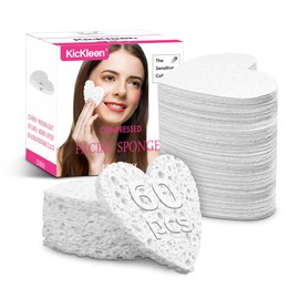 60-Count Kickleen Compressed Cellulose Heart Shape Facial Sponges | 100% Natural Cosmetic Spa Sponges for Facial Cleansing | Exfoliating | Makeup and Mask Removal | Reusable |Skin Massage (White)