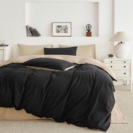 SUSYBAO Beige Black Duvet Cover Queen 100% Washed Cotton 3 Pieces Set 1 Vintage Reversible Duvet Cover with Zipper Ties 2 Pillowcases Farmhouse Black Beige Dual Color Bedding Set Soft