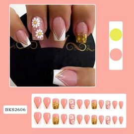 Press on Nails Square Medium French Glossy Full Cover Acrylic Square Gold Glitter False Nails with White Floral Designs Artificial Short Coffin Fake Nails Glue Stick on Fingernails for Women Girls