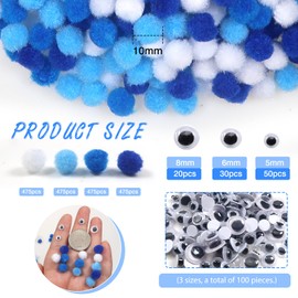 TOAOB 1900pcs 1cm Assorted Pom Poms Blue Fuzzy Pompoms Balls Art Supplies with Wiggle Eyes for DIY Crafts Decorations