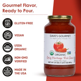 Dave's Gourmet Organic Spicy Heritage Red Pasta Sauce - Zesty & Rich Tomato Chili Blend - Marinara Sauce - Ideal for Pasta, Pizza, Sausage & More - Vegan & Gluten Free - 24oz Jar (Pack of 1)