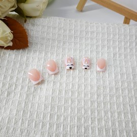 KKUUOO White French Tip Press on Nails Short Square Fake Nails Easter False Nails with Cute Bunny Designs Full Cover Glossy Stick on Nails Reusable Acrylic Nails for Women and Girls Easter Manicure