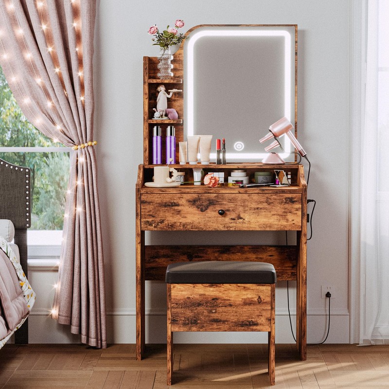 LIKIMIO Small Makeup Vanity Desk with Mirror and Lights, Vanity