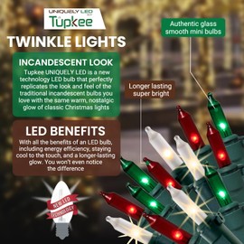 Christmas Uniquely LED Twinkle Lights – Matches Incandescent Exactly - 16 of 100 Lights Twinkling - Indoor Outdoor – 100 Red, Green and White Bulbs - 24.75 Feet, Christmas Tree Sparkling Lights String