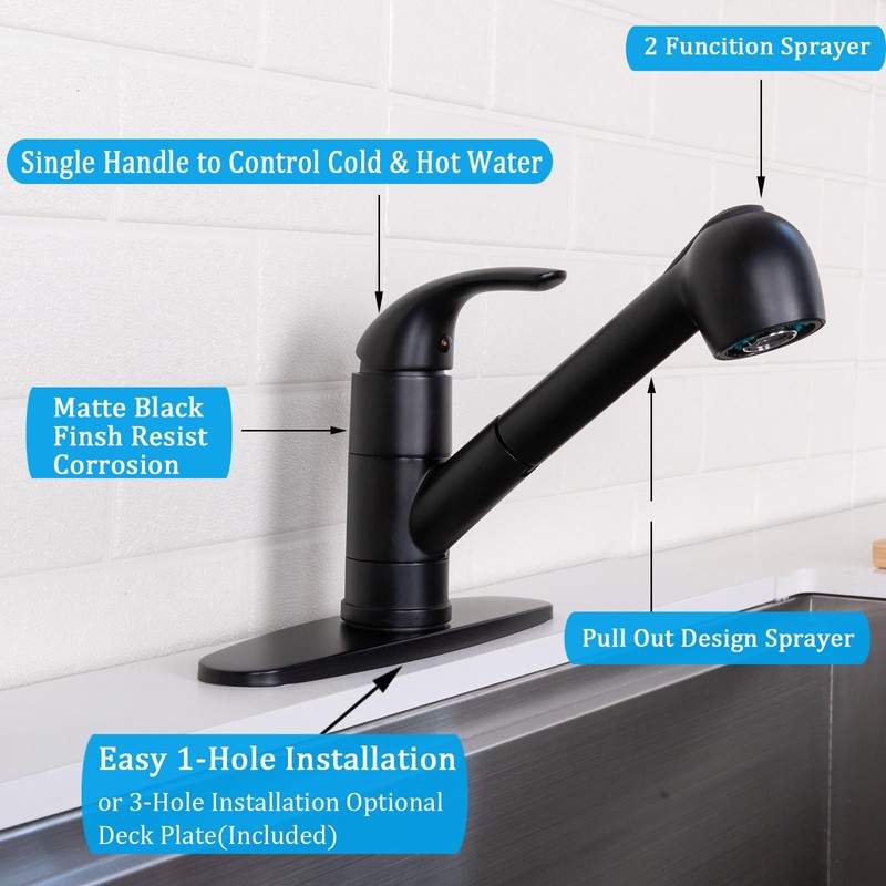 Matte Black Kitchen Faucet with Pull Out Sprayer, Small Single