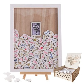 Y&K Homish Wedding Guest Book, Drop Top Frame Sign Book with 100PCS Wooden Hearts, Ideal for Rustic Wedding Decorations and Gift (White Wooden Frame + Photo)