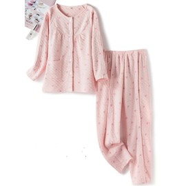 yuaseiharu Women's Nursing Pajamas, Full Opening, Autumn and Winter, Quilted Pajamas, Full Open Shoulder Warm Pajamas, Pink