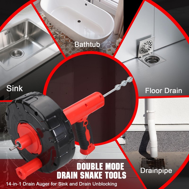 Drain Auger 33 Ft with Easy Cable Rewind System, Plumbing