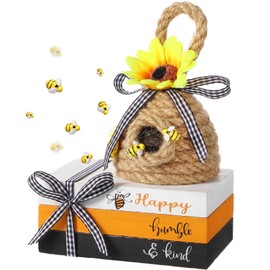 4 Pieces Bee Hive Decor, Bee Tiered Tray Decor, Sunflower Jute Bee Hive Decorations with 3 Pcs Wood Book Decor Honey Combs for Home Coffee Table Bookshelf Farmhouse Kitchen Summer Spring Decor