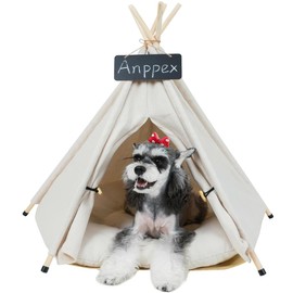 ANPPEX 22 Inches Dog Teepee Tent Indoor,Dog Tent Bed with Thick Cushion,Washable Cat Teepee Tent,S Size Pet Teepee Tent for Cats and Small Dogs,White