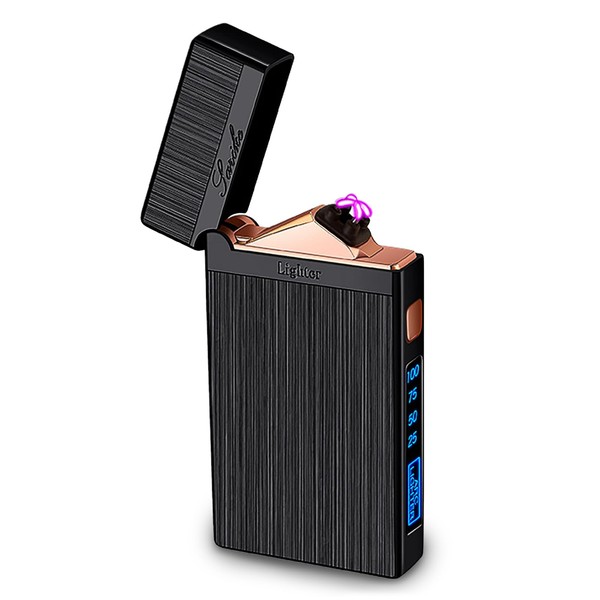 TIKIUKI - Encendedor electrónico recargable por USB, sin fuego, resistente al viento, arco de plasma, encendedor de lujo a la moda, con indicador LED, linterna de iluminación para exteriores, color negro