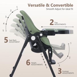 Kinder King Convertible High Chair for Babies & Toddlers, Adjustable Baby Feeding High Chair with Removable Double Tray, Simple Compact Fold for Space-Saving, 2 Built-in Wheels, Easy to Clean, Green