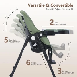Kinder King Convertible High Chair for Babies & Toddlers, Adjustable Baby Feeding High Chair with Removable Double Tray, Simple Compact Fold for Space-Saving, 2 Built-in Wheels, Easy to Clean, Green