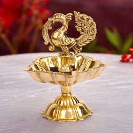 SATVIK 3 - 3.5 INCH Peacock Brass Diya for Home Décor & Puja | Traditional Indian Oil Lamp | Antique Finish | Festive Decoration & Gift l Diwali Poojan l Deepam Gifts (Small)