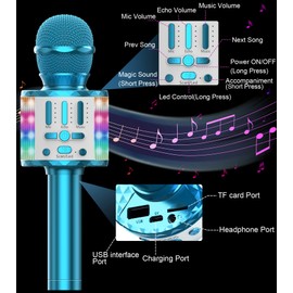 Karaoke Microphone, Wireless Bluetooth Microphone for Children with LED, Portable Karaoke Machine for Singing, Karaoke Girls Boys Toy Gifts, KTV Speaker Recorder for Smartphone PC