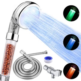 FASTRAS LED Shower Head with Handheld, Shower Head High Pressure Shower Head with Hose, Holder & PTFE Tape etc, 3 Water Temperature-Controlled Water Saving Filtered Shower Head for Dry Hair& Skin