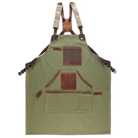 Node Leather - Cross Back Canvas Aprons With Pockets |Adjustable Leather Strap|Work Apron|Chef Apron|Woodworking, Grilling