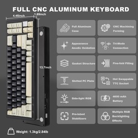 YUNZII YUNZII AL71 75% Mechanical Keyboard,Full Aluminum CNC,Hot Swappable Gasket,2.4GHz Wireless BT5.0/USB-C Wired,NKRO Programmable RGB Backlight Creamy Typing for Win/Mac(Black,Crystal White Switch)