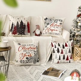 AVOIN colorlife Believe in The Magic Christmas Trees Poinsettia Snowflake Eucalyptus Throw Pillow Covers, 18 x 18 Inch Xmas Winter Holiday Cushion Case Decoration for Sofa Couch Set of 4