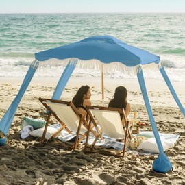 AMMSUN Beach Cabana with Fringe, 6'×6' Boho Beach Canopy with Tassels, Easy Set up & Premium Wood Pole, Cabana Tent with Sand Pockets, Instant Sun Shade for Sand, Garden, Patio, Blue