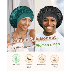 BONNET QUEEN Silk Bonnet for Sleeping Women Satin Bonnet Hair Wrap with Elastic Wide Band Sleep Cap for Curly Hair Anti Frizz Night Cap, Dark Green