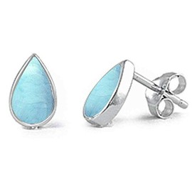 Bezel Set Teardrop Natural Larimar Stud Earrings Sterling Silver