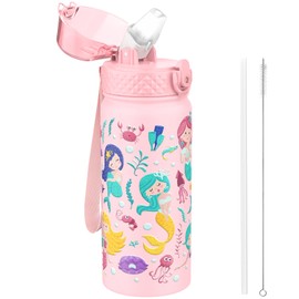 GOPPUS 550ml/18oz Kids Insulated Water Bottle with Straw Cute Double Wall Stainless Steel Child's Small Flask Vacuum Insulated Steel Metal Leak Proof Drink Flask Boys Toddler Girls Flask BPA-Free