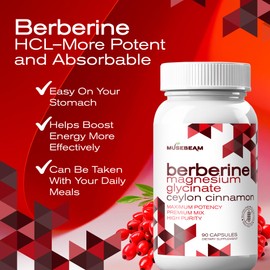 MuseBeam Berberine HCL Magnesium Glycinate Supplement - 1800mg High Purity Capsules with Ceylon Cinnamon - Vegan Friendly Non-GMO Gluten-Free Sugar Free Pill for Men Women