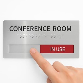 Conference Room Office Door Signs Do Not Disturb, In Use/Available Slider Sign with Raised Text & Grade 2 Braille, Conference Vacant Occupied Sign Brushed Aluminum/Silver