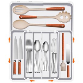 Spaclear Adjustable Kitchen Utensil Organizer Plastic Silverware Drawer Organizer, Expandable Cutlery Drawer Organizer BPA Free Flatware Tray for Spoons Forks Knives Organizers Divider, White