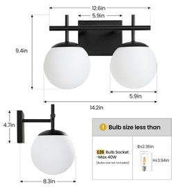 AIJIASI Black Bathroom Light Fixture Over Mirror, 2-Lights Vanity Lights with Milky White Frosted Glass Shade Mid Century Farmhouse Light Fixtures for Bathroom Above Mirror (Exclude E26 Bulb)