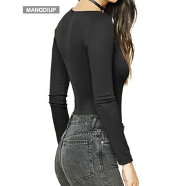 MANGDIUP Women's Round Collar Long Sleeve Elastic Bodysuit Jumpsuit (Black, XXL)