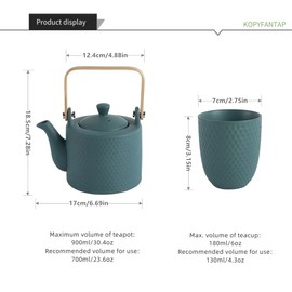 WEOPYCJ Green Japanese Tea Set,Ceramic Modern Green Tea Sets with Teapot,Porcelain Tea Sets Include 1 Teapot 30oz,4 Tea Cups 6oz,1 Stainless Infuser Wooden Handle for Home and Office Gift