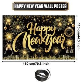Famoby Happy New Year Fabric Sign Poster Banner Backdrop with Pattern Firework Champagne for Photo Booth Background New Year Party Decorations Supplies