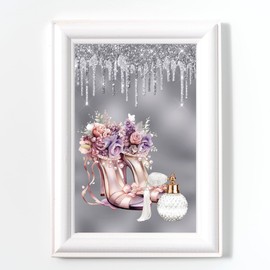 Glam Shoes Print, Floral Shoe Bedroom Wall Art, No Frame, Digital Glitter,Pink Silver Grey Office Picture A4