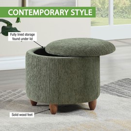 OSP Home Furnishings Lyra Contemporary Round Storage Ottoman with Medium Oak Legs, Pine Green Fabric