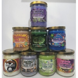 Smoke Odor Exterminator 13 oz Jar Candles Lavender with Chamomile, Assortment (8) Includes Just Like Home, Patchouli Amber, Forest Walk, Nag Champa, Tree of Life, Sandalwood and Yin Yang.