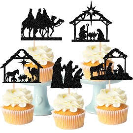 30 piezas de adornos para magdalenas de Navidad con purpurina, religiosa de feliz Navidad, belén santo, para belén temático, Navidad, Jesús, fiesta de cumpleaños, decoración de pasteles, color negro