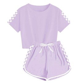 BOVOSHA Girls Summer Clothes Kids Outfit Short Sleeve Crop Top ＋ Plaid Shorts Set Kids Sports Tracksuit (Purple, 10-12 Years)