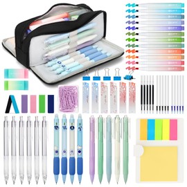 VICHOS Aesthetic Pencil Case with Stationery Included (63pcs Total), Pastel Highlighters| Mechanical Pencils| Gel Pens| Erasable Pens| More, 13-in-1 Back to School Stationery Supplies Set(Black)