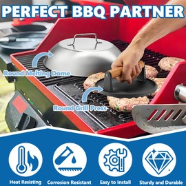 SafBbcue Round Cast Iron Smash Burger Grill Weight Press Tool & Griddle Steamer Melting Dome 12" Round Stainless Steel Basting Cover for Blackstone Griddle, Griddle Food Cover Dome for Flat Top Grills