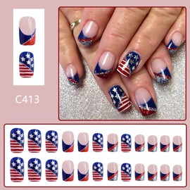 4th of July Press on Nails Short Square Independence Day Fake Nails Red White Blue Design American Flag False Nails Full Cover Stick on Nails Acrylic Glitter Patriotic Artificial Nails for Women 24Pcs
