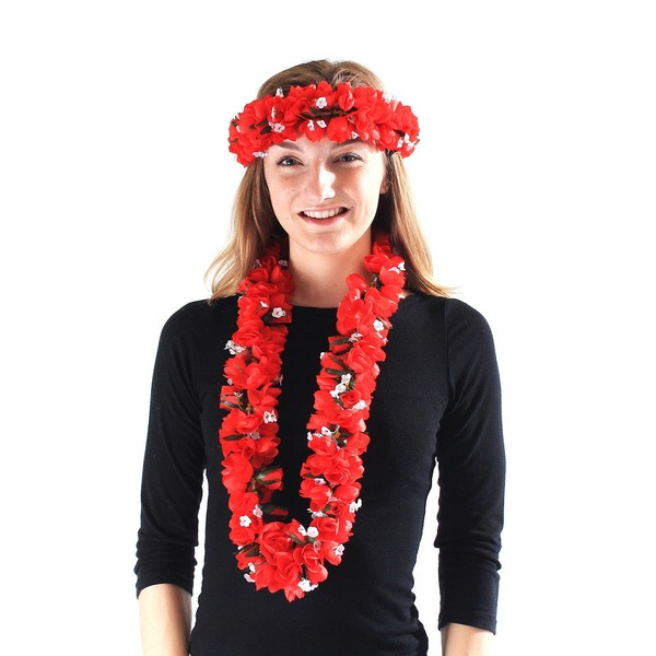 Hawaiian Luau Party Kapiolani Tuberose Fabric Flower Matching Lei and