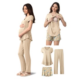SUNNYBUY 3 PCS Maternity Breastfeeding Pajamas Set, Hidden Nursing Tops, Adjustable Pregnancy Shorts & Pants Postpartum PJS, Khaki+Floral Shorts XL