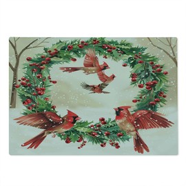 Ambesonne Christmas Cutting Board, Vintage Red Cardinal Birds and Xmas Wreath Ornate Snowy Visual, Decorative Tempered Glass Cutting and Serving Board, Large Size, Dark Coral Green and Beige
